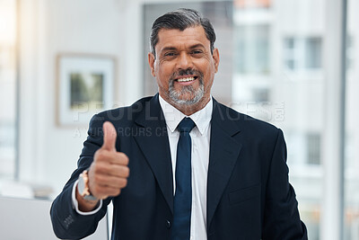 Buy stock photo Thumbs up, portrait and mature business man with success, winning or achievement. Happy CEO, boss and manager with thumb sign for ok review, like emoji or feedback to vote yes in agreement of support