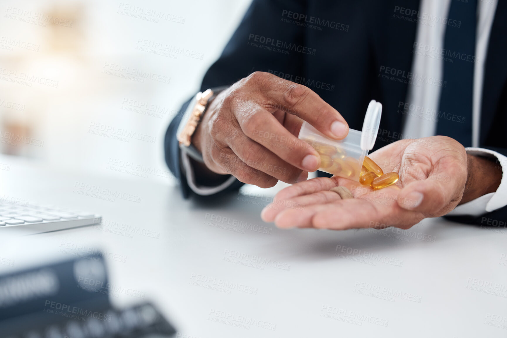 Buy stock photo Business man, hands and pill bottle with tablet for health, medical help and supplement at office desk. Closeup of sick worker with plastic container, pharmaceutical drugs and healthcare medicine 