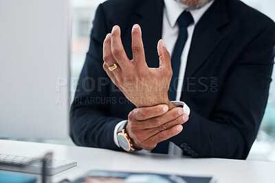 Buy stock photo Business man, hands and wrist pain in office from osteoporosis, orthopedic joint and working on computer. Closeup of corporate worker with carpal tunnel injury, fibromyalgia or muscle fatigue at desk