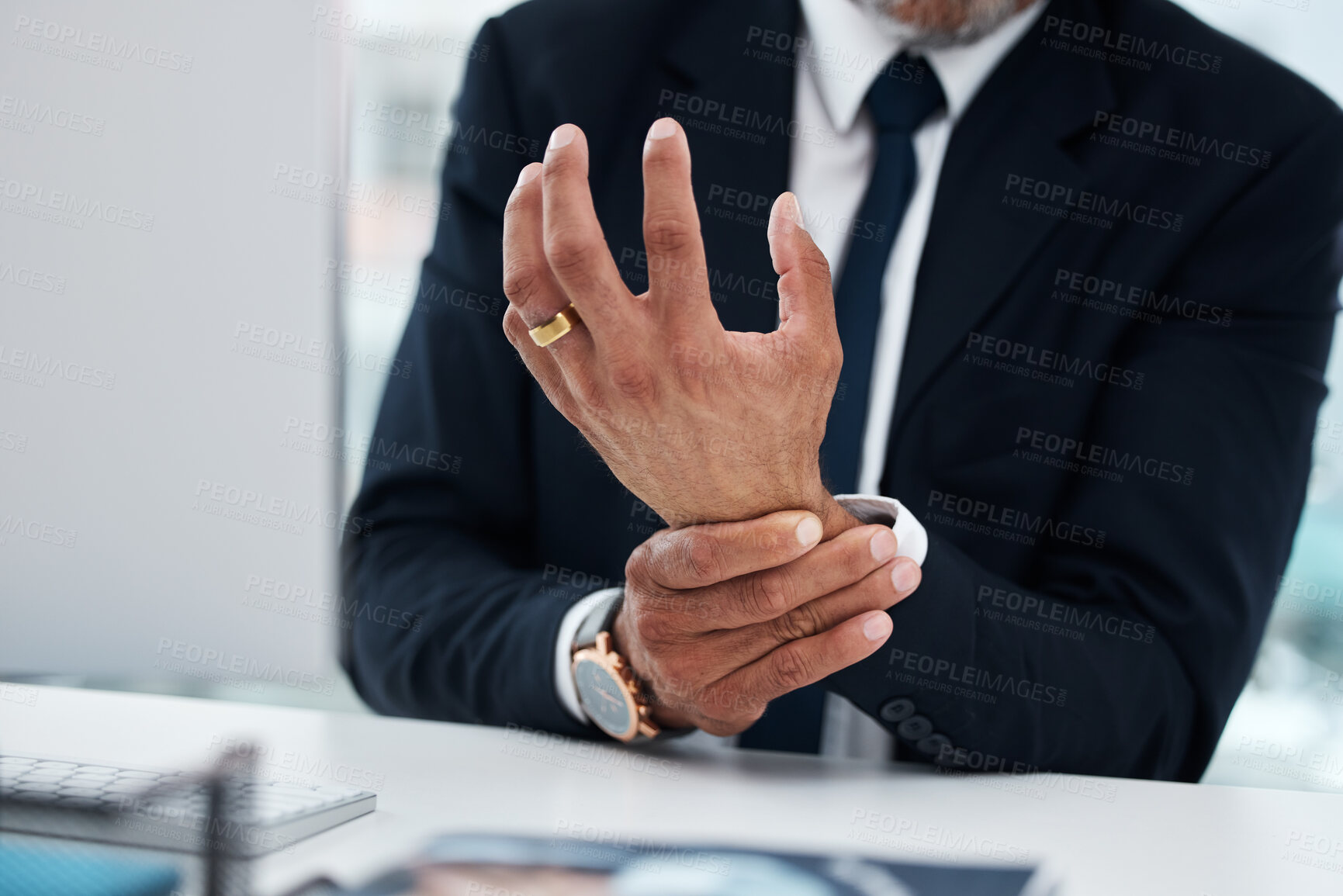 Buy stock photo Business man, hands and wrist pain in office from osteoporosis, orthopedic joint and working on computer. Closeup of corporate worker with carpal tunnel injury, fibromyalgia or muscle fatigue at desk