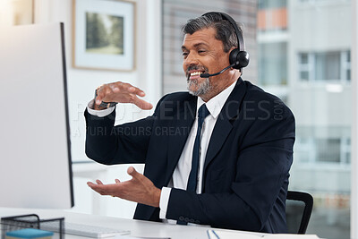 Buy stock photo Video call, customer service and mature man on computer for communication in callcenter. Smile, webinar and professional, sales agent or consultant in virtual meeting, telemarketing or online chat