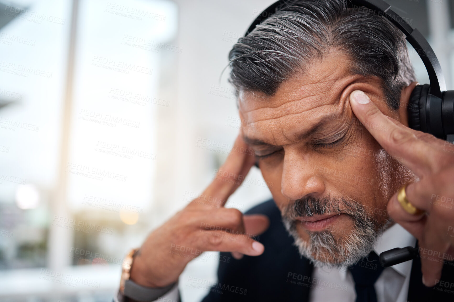 Buy stock photo Stress, call center and face of man in customer service agency with pain, burnout or anxiety. Headache, frustrated and tired salesman consulting with challenge, client problem and fatigue for mistake