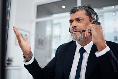 Buy stock photo Call center, mature man and confused in office with problem, mistake or crm fail. Serious, telemarketing or frustrated consultant with sales error, glitch crisis or 404 for customer service challenge