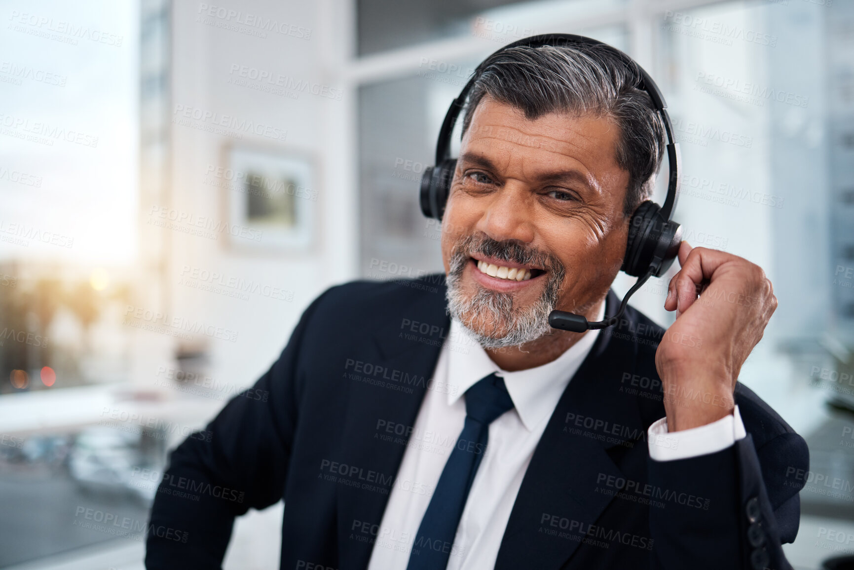 Buy stock photo Portrait, call center and mature man with smile for communication, support or customer service. Happy, face and sales manager, telemarketing professional and crm consultant with headphones in office