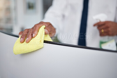 Buy stock photo Person, hands and cleaning computer with cloth in office for hygiene, health or safety of virus. Closeup of business worker wipe dirty desktop monitor for sanitation, disinfection or bacteria of dust