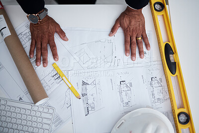 Buy stock photo Top view of man, hands and architect with blueprint, project illustration and engineering process. Closeup of designer with documents, floor plan and stationery tools to sketch planning of buildings