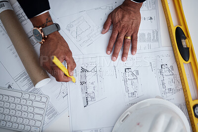 Buy stock photo Top view of man, hands or engineering with blueprint, construction process or design illustration. Closeup of architect drawing documents, floor plan development or stationery tools to sketch project