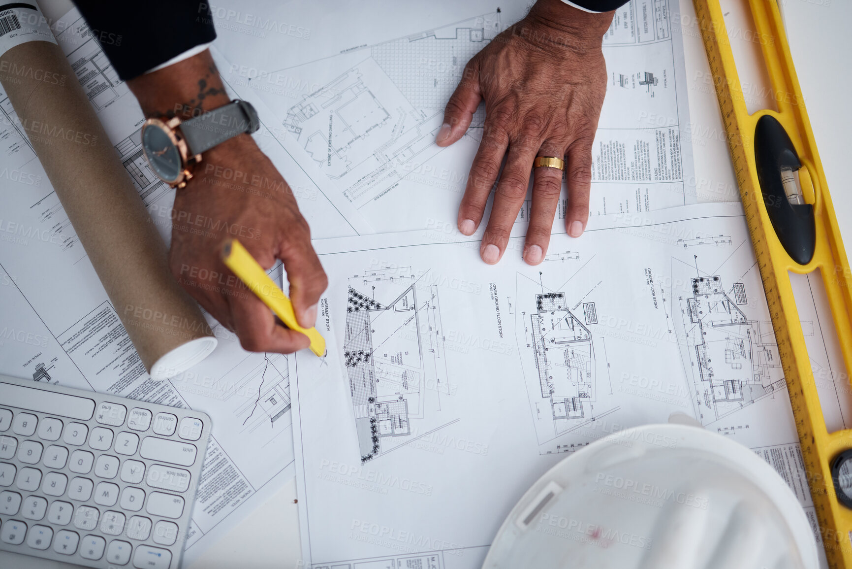 Buy stock photo Top view of man, hands or engineering with blueprint, construction process or design illustration. Closeup of architect drawing documents, floor plan development or stationery tools to sketch project