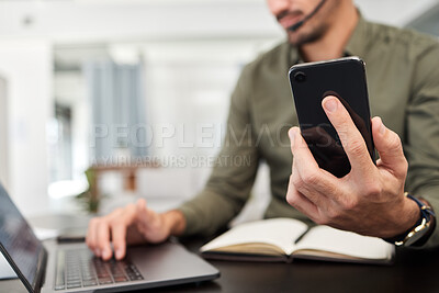 Buy stock photo Phone, laptop and hands of business worker online for planning, social media and networking. Corporate office, professional and person with technology for schedule, website and mobile app at desk