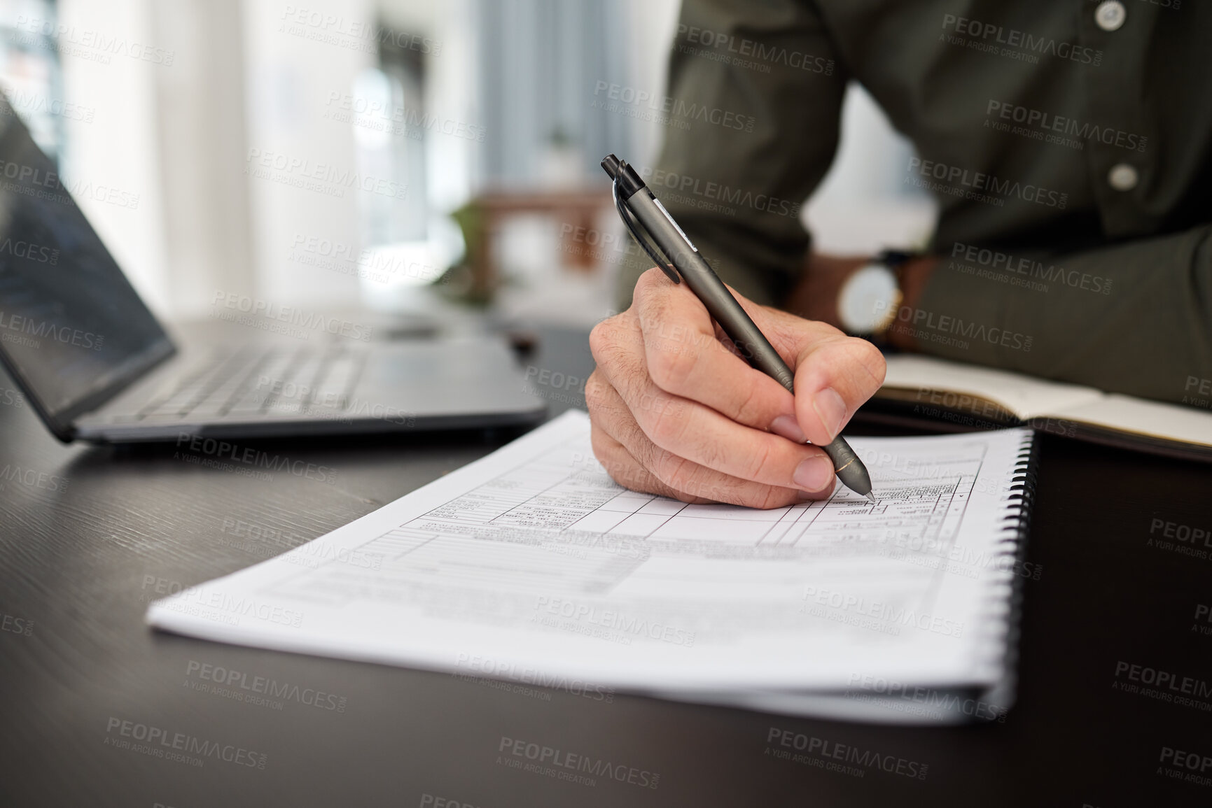 Buy stock photo Documents, accounting and hands of business man in office for checklist, planning and finance. Tax, payment and budget report with closeup of person for investment, survey and invoice paperwork