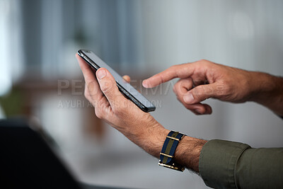 Buy stock photo Phone, office and hands of business man online for planning, social media and network. Corporate, professional and closeup of male worker on smartphone for communication, website and mobile app