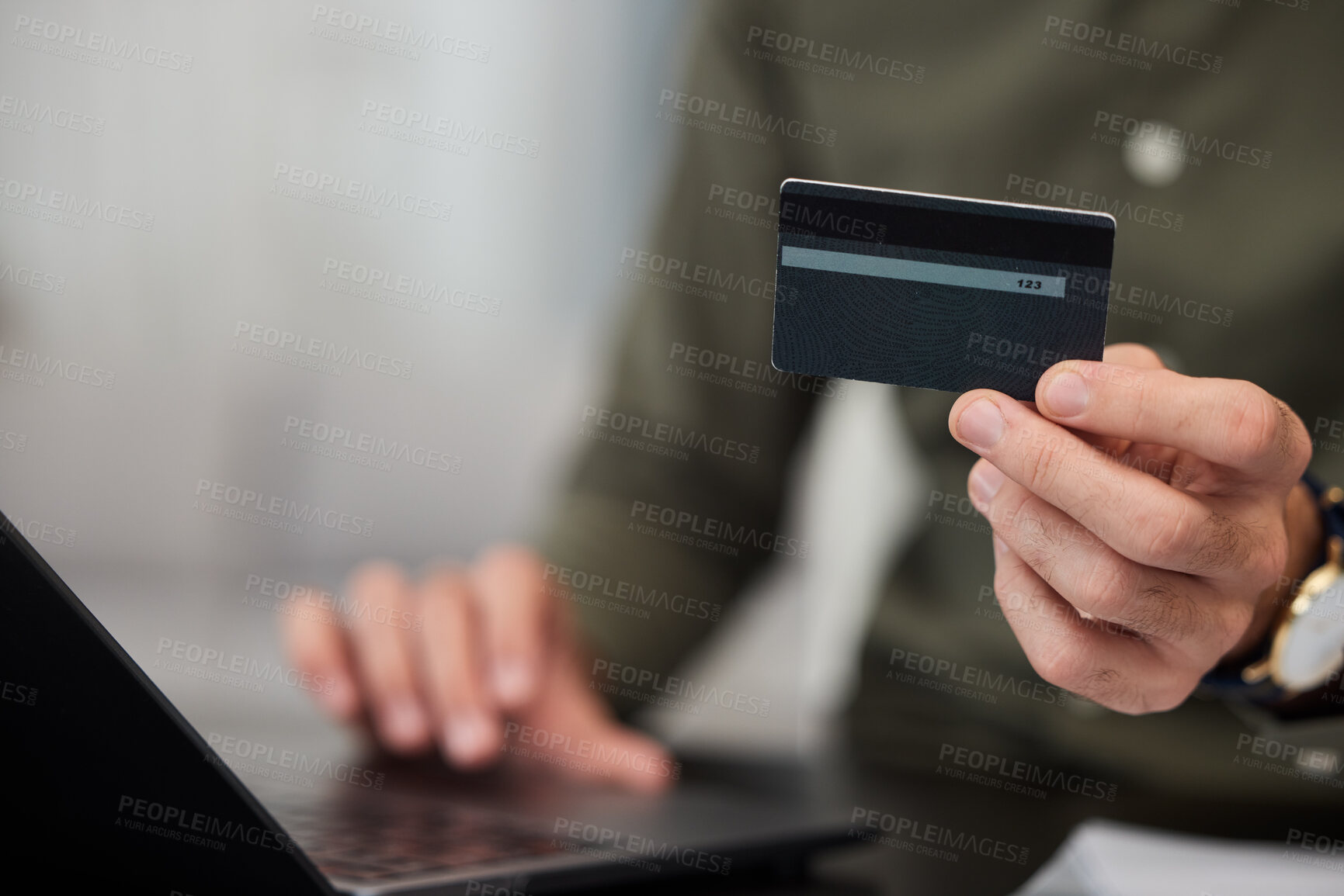 Buy stock photo Hands, credit card and laptop with typing in office for password, cybersecurity and payment for e commerce. Person, fintech and computer for finance, saving or online shopping with deal in workplace