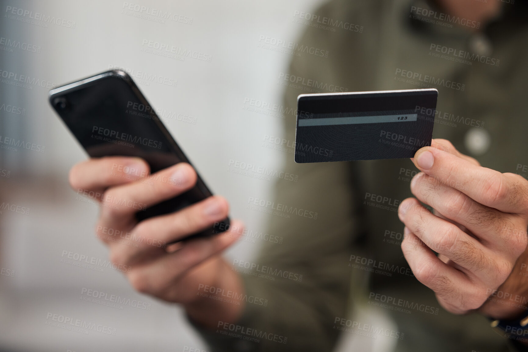 Buy stock photo Hands, credit card and phone with typing in office for password, cybersecurity and payment for e commerce. Person, fintech and smartphone for finance, saving or online shopping with deal in workplace