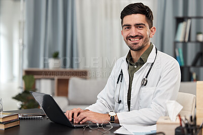 Buy stock photo Laptop, office and portrait of doctor typing or working on research or search the internet, online or web for results. Medical, service and professional young healthcare worker doing a report