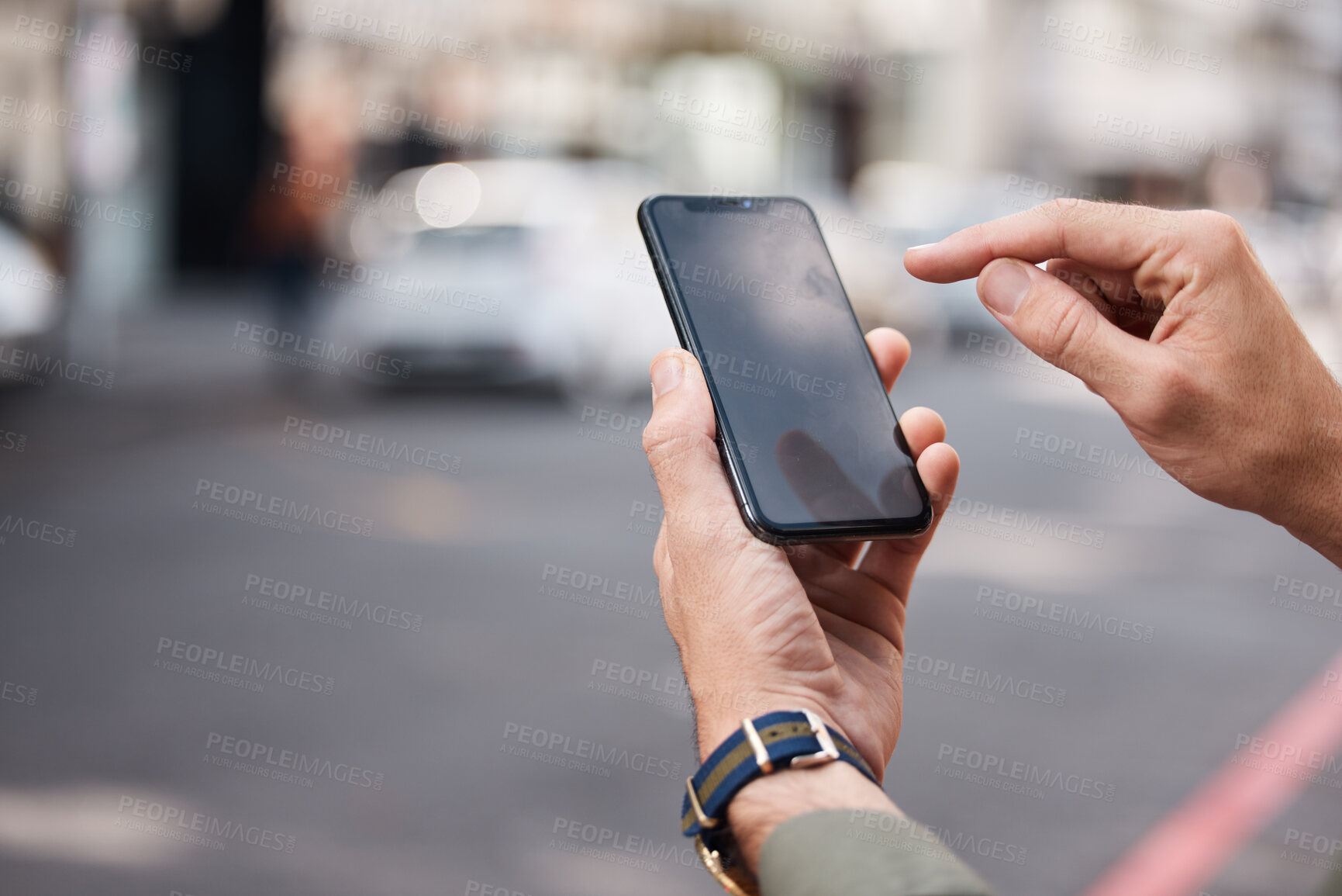 Buy stock photo Phone, mockup and hands of man in a street with connection, contact and location. Smartphone, screen and male online for navigation app, directions and guide with network, road or website information
