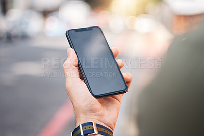 Buy stock photo Phone, mockup and hands of man in a city with connection, contact and app for a location. Cellphone, screen and male online for directions, search internet and guide with network, street and travel