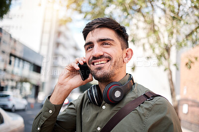 Buy stock photo Phone call, city and man travel outdoor with communication, connection or chat. Happy male student on urban road with smartphone and network for contact, mobile conversation or opportunity with smile