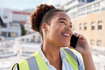 Buy stock photo Black woman, construction and worker with phone call in city for civil engineering, building industry or site contractor. Face of happy female architect talking on smartphone for property development