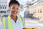 Smile, black woman and portrait on site for construction, building or infrastructure maintenance in the city. Happy, industrial and an African architect or contractor in safety or labor career