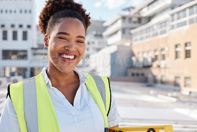 Buy stock photo Smile, woman builder and portrait on site for construction, building or infrastructure maintenance in the city. Happy, industrial and an African architect, engineer or contractor in safety or labor