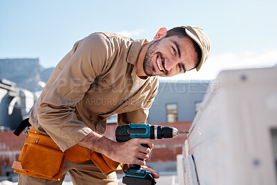 Buy stock photo Engineer man, roof and portrait for air conditioning maintenance, smile or building in city for construction job. AC repair, hvac tech and happy technician with drill, tools or industry in Cape Town