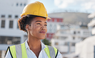 Buy stock photo Thinking, engineer and woman in a city, ideas and development with helmet, construction worker and property vision. Female person, inspector and architect with solution, problem solving and planning