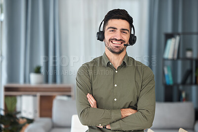 Buy stock photo Man, portrait and microphone for working in home office for virtual assistant, voip communication and advisory telemarketing. Happy sales agent, remote worker and arms crossed for telecom consulting