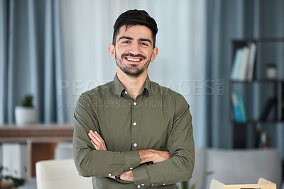 Buy stock photo Smile, remote work and portrait of man accountant intern in home office confident and proud arms crossed. Happy, young and professional employee with a future or mission at work for a startup company