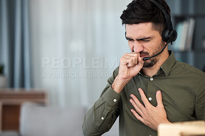 Buy stock photo Call center, sick young man and cough in office with flu, mucus or allergies for healthcare problem. Telemarketing consultant, agent and chest pain with virus, cold and bacteria in lungs in workplace