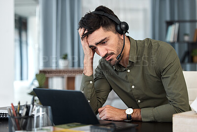 Buy stock photo Frustrated, man and working in a call center on laptop and sad businessman with fatigue, tired and burnout in office. Consultant, computer and customer service, advice and depressed with email