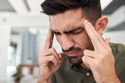 Buy stock photo Business man, stress and headache for burnout, debt and confused by mistake, pain and challenge. Face of male employee with anxiety, bankruptcy problem and frustrated with fail, crisis and brain fog