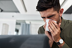 Business man, blowing nose and tissue in office with flu, mucus or allergies for healthcare problem. Sick entrepreneur, toilet paper and cleaning for wellness, workplace and virus with cold bacteria
