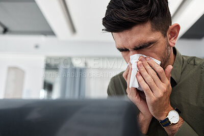Buy stock photo Business man, blowing nose and tissue in office with flu, mucus or allergies for healthcare problem. Sick entrepreneur, toilet paper and cleaning for wellness, workplace and virus with cold bacteria