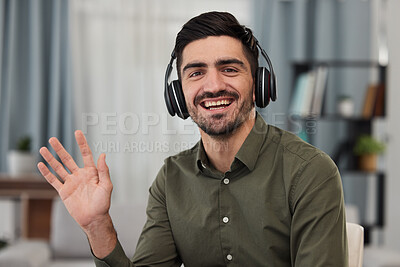 Buy stock photo Man, portrait and wave for online meeting, video call and voip communication for telecom advisory help. Face of happy virtual assistant, salesman and consulting with headphones, hello and home office