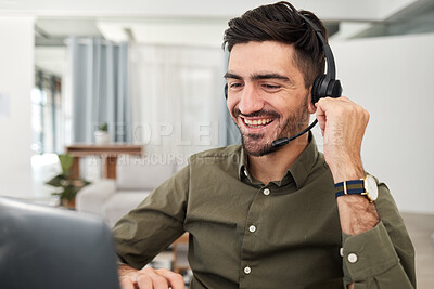 Buy stock photo Man, remote work and virtual assistant with headphones at laptop for video call, voip communication and telemarketing. Happy sales agent, computer and microphone for customer support in home office 