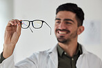 Hands of man, doctor and optician with glasses for vision, eyesight and prescription eye care. Happy optometrist check frame of lens for eyewear, test and consulting for optical healthcare assessment