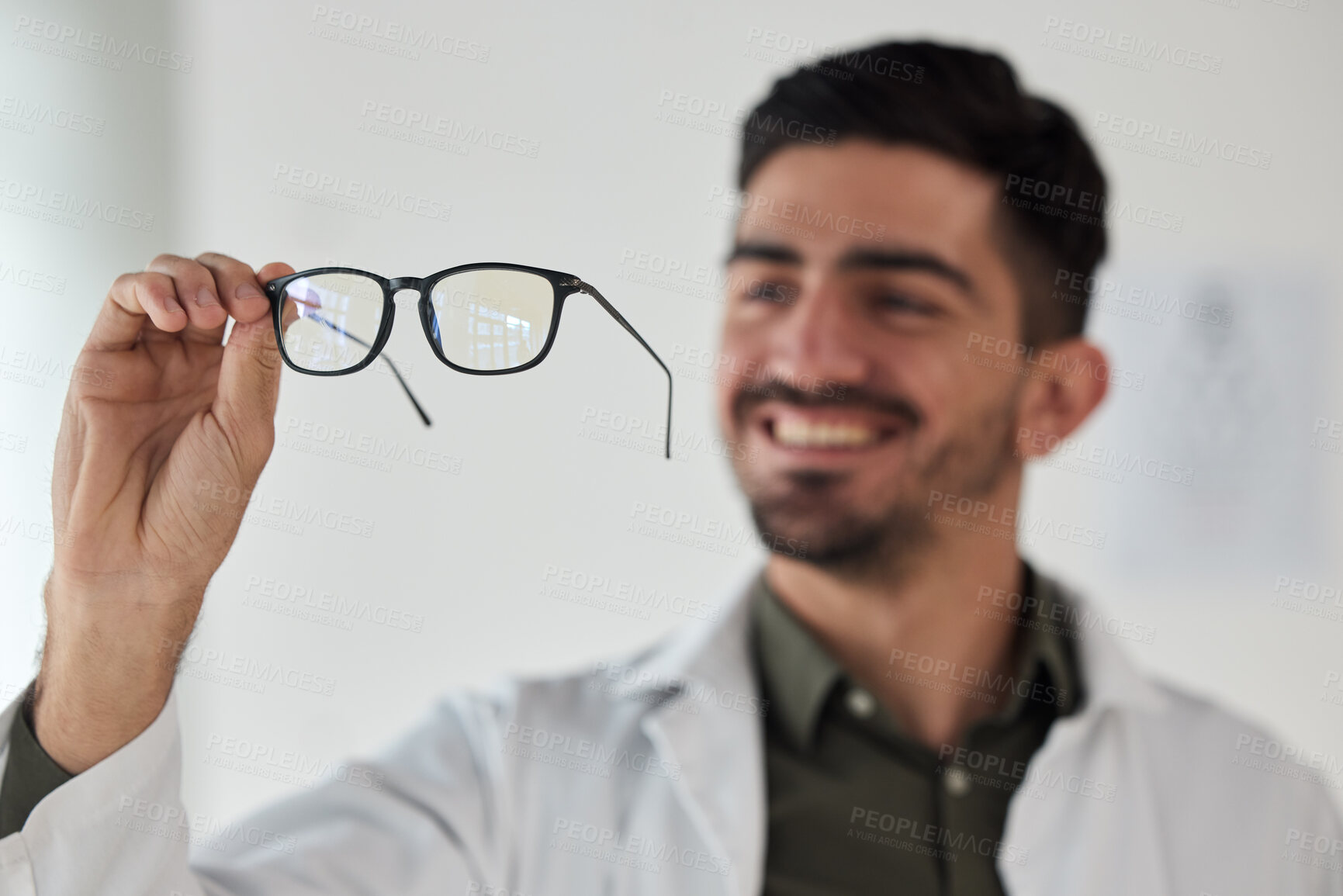 Buy stock photo Hands of man, doctor and optician with glasses for vision, eyesight and prescription eye care. Happy optometrist check frame of lens for eyewear, test and consulting for optical healthcare assessment