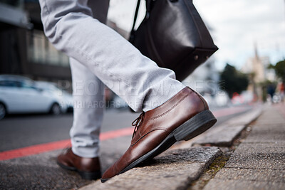 Buy stock photo Feet, business man and walking on city road or ground for travel, journey and commute to work. Shoes, legs and closeup of a professional person or employee crossing an urban street with a bag