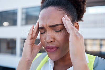 Buy stock photo Face, sad and woman in construction with headache at renovation site, civil engineering mistake and stress. Confused, tired and frustrated african contractor with burnout, crisis and problem in city