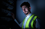 Engineer man, thinking and night in server room for information technology, maintenance and check cables . IT technician, cyber security and ideas for inspection, analysis and check in data center
