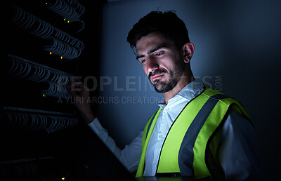 Buy stock photo Engineer man, thinking and night in server room for information technology, maintenance and check cables . IT technician, cyber security and ideas for inspection, analytics and dark in data center