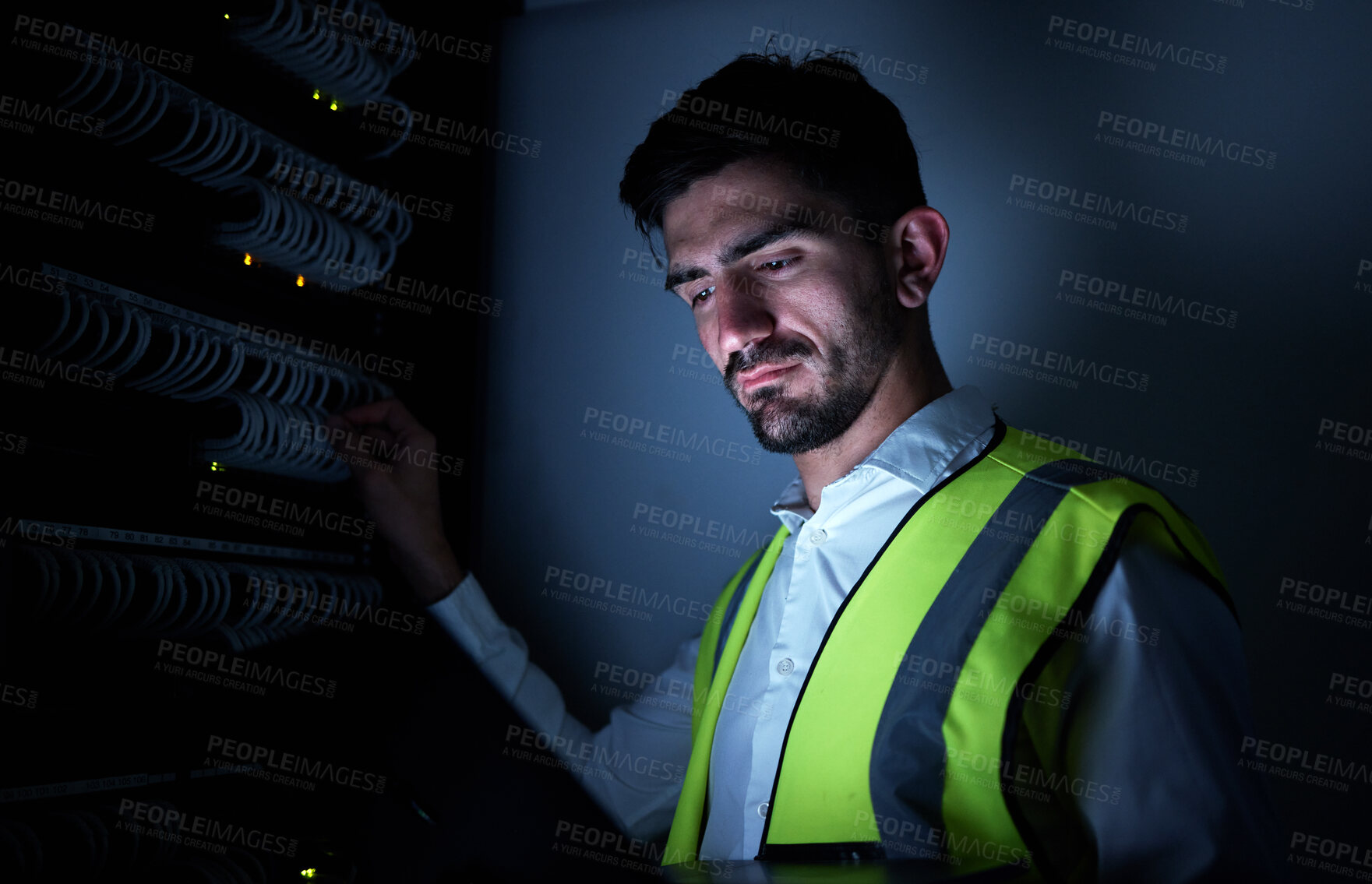 Buy stock photo Engineer man, thinking and night in server room for information technology, maintenance and check cables . IT technician, cyber security and ideas for inspection, analytics and dark in data center