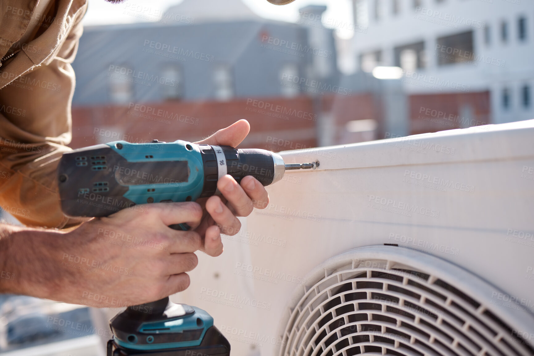 Buy stock photo Hands, drill and outdoor with man for air conditioner maintenance, roof and building in cbd for construction. AC repair, hvac tech and tools for engineering, technician and aircon industry on rooftop