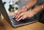 Hands of woman, remote work and laptop keyboard in home for digital planning, online research or blog information. Closeup of freelancer working on computer, technology and website media for telework