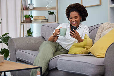 Buy stock photo Woman, coffee and smartphone on sofa in living room, social media and reading funny memes. Happy female person relax on couch, cellphone and tea for texting, chat app and download mobile games 