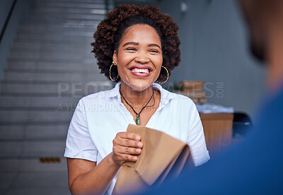 Buy stock photo Happy customer, delivery and a woman at a door with a paper bag from courier man at home. Face of person or client with package, parcel or fast food from online shopping, e-commerce or service
