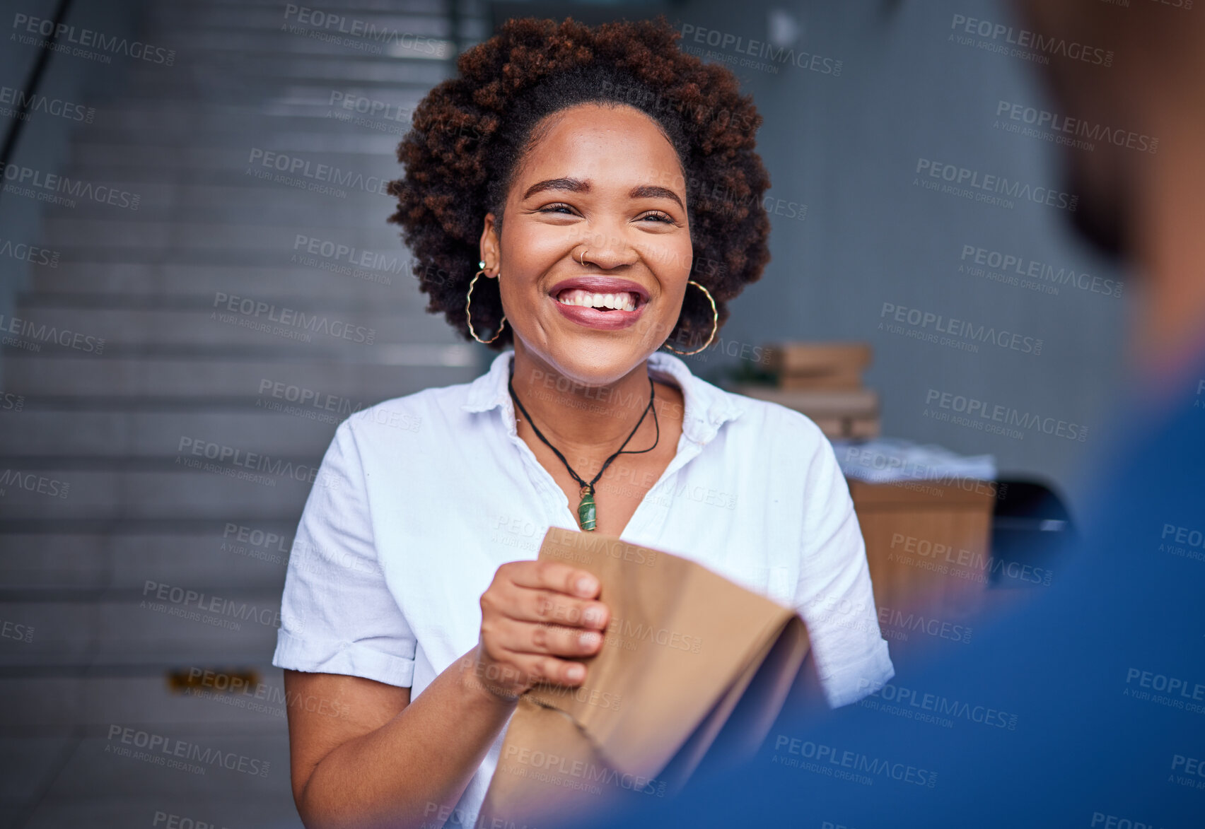 Buy stock photo Happy customer, delivery and a woman at a door with a paper bag from courier man at home. Face of person or client with package, parcel or fast food from online shopping, e-commerce or service