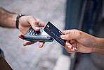 People, hands and credit card with pos in payment for electronic purchase, delivery or scanning by door. Closeup of customer tap, paying or buying on machine for fintech, transaction or ecommerce