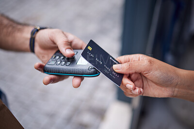 Buy stock photo People, hands and credit card with pos in payment for electronic purchase, delivery or scanning by door. Closeup of customer tap, paying or buying on machine for fintech, transaction or ecommerce