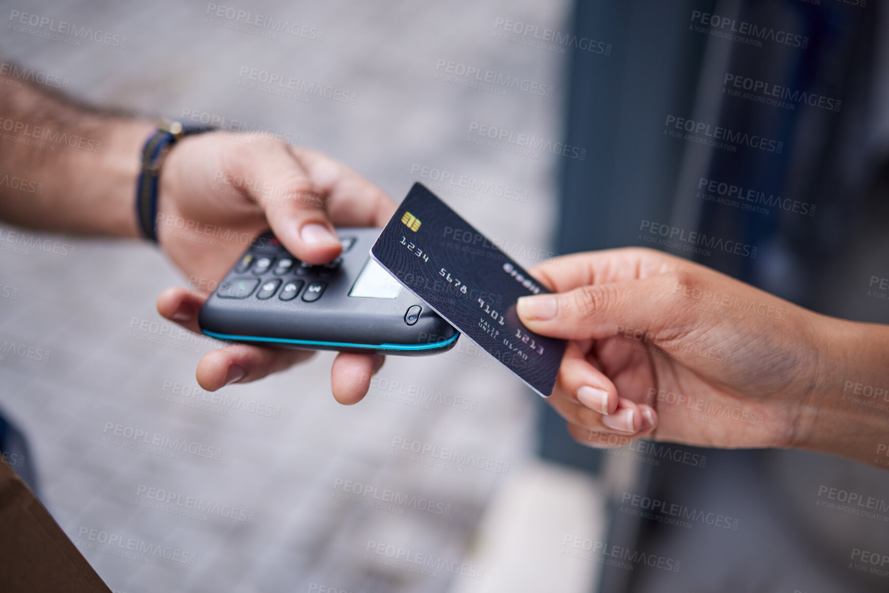 Buy stock photo People, hands and credit card with pos in payment for electronic purchase, delivery or scanning by door. Closeup of customer tap, paying or buying on machine for fintech, transaction or ecommerce